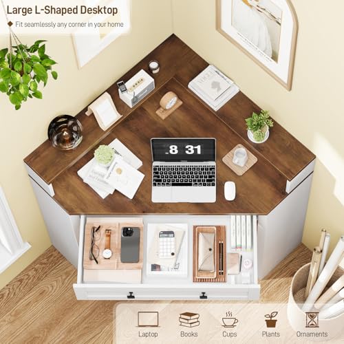 Small Corner Desk, Triangle Computer Desk for Small Space, Rustic White | 31.5" Corner Desk with Drawer and Monitor Stand, Farmhouse Computer Desk with Storage Shelf for Home Office, Living Room