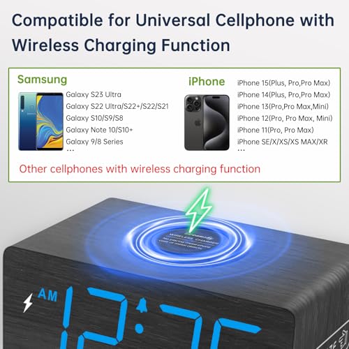 DreamSky Wooden Digital Alarm Clock with Wireless Charging for Bedroom | Bedside Nightstand Clock with Charger Station, USB Port, Large Numbers, Adjustable Volume, Brightness Dimmer, DST - color: Blue