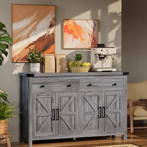 VVFLU 55" Sideboard Buffet Cabinet with Storage, Coffee Bar Cabinet with 2 Drawers and 4 Barn Doors, Long Storage Cabinet Modern Farmhouse, Grey Wood, for Kitchen, Dining Room, Living Room - color: Grey/Wood, size: 15.7"D x 55.1"W x 35.4"H