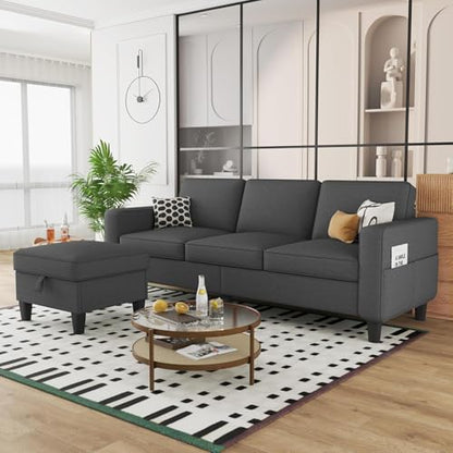 L Shaped Couch for Living Room 3 Seater Sofa with Storage Movable Ottoman | 78"Modern Linen Grey Couches 3 Seats Sofas with Chaise for Studio Apartment Office Basement Small Space, Easy Assembly - color: Dark Grey-linen