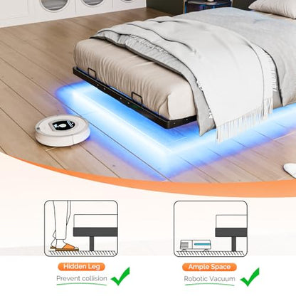 VINGLI Floating Bed Frame Twin Bed with Charging Station and LED Lights,Twin Metal Bed Frame,Cozy Hidden Storage Velvet Upholstered Headboard,No Box Spring Needed,Easy Assembly,Black - color: Industrial Brown, size: Twin
