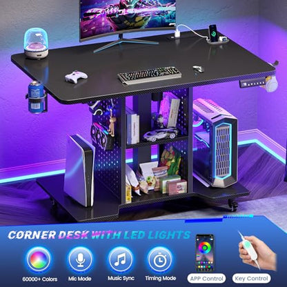 SEDETA Small Standing Gaming Desk, 31.5" Rolling Computer PC Desk Height Adjustable with Power Outlet, Pegboard & Storage Shelves, RGB LED Light, for Small Spaces/Bedroom/Gaming, Carbon Fiber Black - color: Carbon Fiber Black