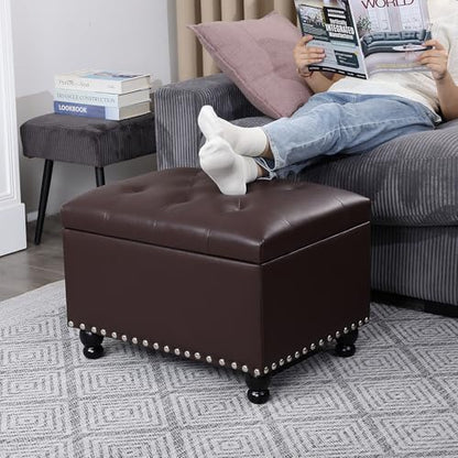 Adeco Faux Leather Storage Ottoman Bench with Safety Hinge, 23-Inch Upholstered Footrest Stool for Entryway & Living Room, Holds 350 lbs, Black - color: Matte Dark Brown - Leather