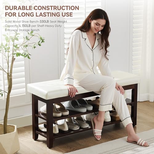 40" Entryway Bench, Shoe Storage Bench, White | Leather Cushion, Shoe Rack, End of Bed Bench for Front Door Entrance, Mudroom - color: White