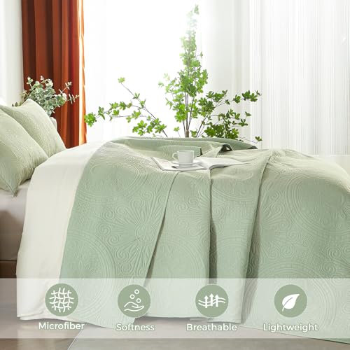 WURUIBO Twin Quilt Set Sage Green,Ultrasonic Embossed Bedspread, Lightweight Microfiber Coverlet, Modern Thin Bedding Set for All Season, 2 Piece(1 Quilt,1 Pillow Shams) - color: Sage Green, size: Twin(68"x88")