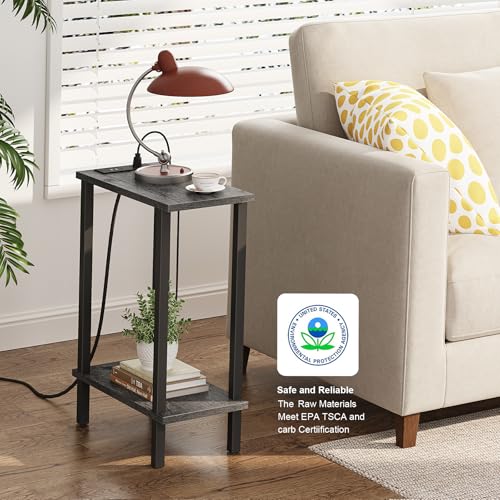 TUTOTAK Narrow Side Table, 2-Tier Small End Table with Charging Station | Skinny Sofa Table, Slim Nightstand, Easy Assembly for Living Room, Bedroom, Grey TB01BY060 - color: Charcoal Grey, size: 2-tier
