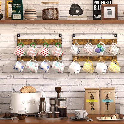 Huxitocan Wall Mount Coffee Mug Holder - Rustic Wood and Iron, Holds Up to 24 Mugs (3Pack) for Kitchen, Home, Coffee Bar - size: 6-tier