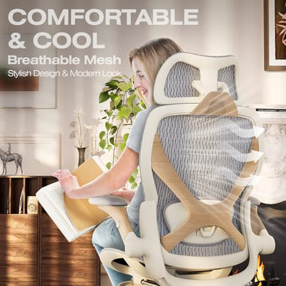 X100 Ergonomic Mesh Office Chair with Footrest, Big and Tall Home Desk Chair with 5D Flip-Up Arms, Adjustable 3D Lumbar Support, Gaming & Executive Computer Chair (Foggy Morning) - color: Foggy Morning