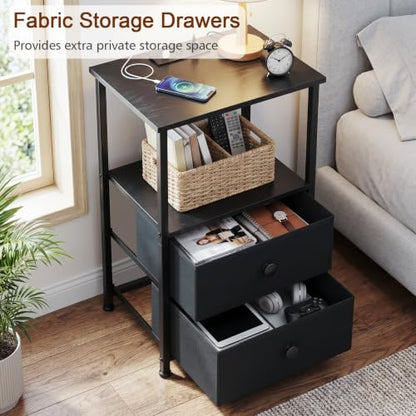 Nightstands Set of 2, Night Stand with Charging Station | Bedside Table with 2 Fabric Drawers for Bedroom, End Tables with Storage Shelf for Small Spaces, Black - color: Black, style: Power