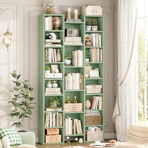 FOTOSOK 71'' H Bookshelf with 21 Cubes, Triple Wide Tall Bookshelf Green | 8 Tier Bookcase with 8 Adjustable Shelves, Large Bookshelf DVD/CD Media Tower Storage, Freestanding Display Shelf Cabinet - color: Green