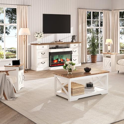 3 Piece Living Room Table Set with Barn Door, Distressed White | Includes Coffee Table and 2 End Tables, Charging Station &USB Ports, Rustic Farmhouse Style, Living Room Furniture Set - color: Distressed White