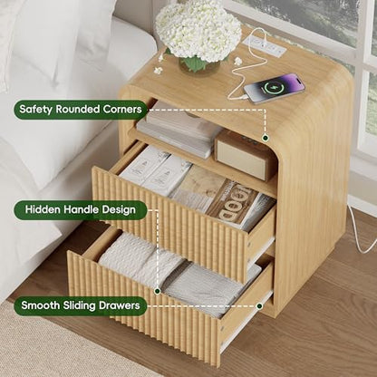 Natural Oak Nightstands Set of 2 with Charging Station, Mid Century Modern End Tables & Bedside Tables, Fluted Wood Small Night Stands with 2 Hidden Drawers and Storage Shelf for Bedroom - color: Natural Oak, style: 2 Drawers-2 PCS