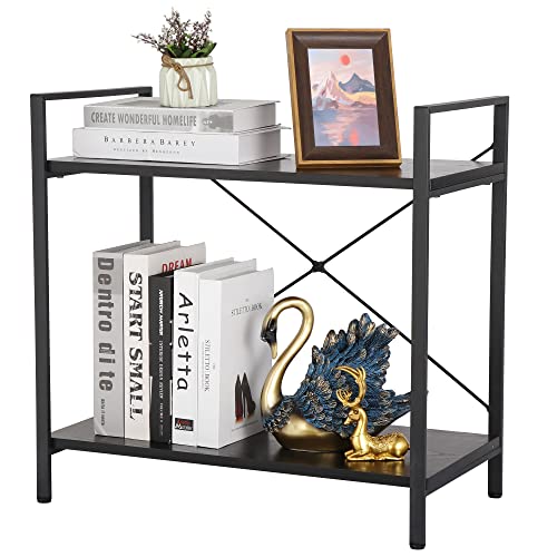 Nouva Small Bookshelf for Small Space 2 Tier Industrial Bookcase Wood and Metal Bookshelves Open Shelf for Bedroom, Living Room, Office, Kitchen, Dark Gray Oak
