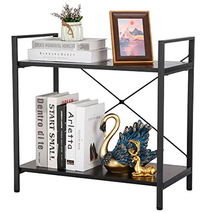 Nouva Small Bookshelf for Small Space 2 Tier Industrial Bookcase Wood and Metal Bookshelves Open Shelf for Bedroom, Living Room, Office, Kitchen, Dark Gray Oak