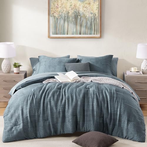 MaiRêve Full Comforter Set Crinkle Textured Dusty Blue Bedding 7 Pieces | Boho All Season Bed in a Bag with Comforter, Sheets, Pillowcases & Shams - color: Dusty Blue, size: Full