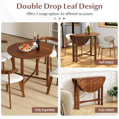 SIMOE Round Drop Leaf Dining Table for 2-4 People, 36” Folding Kitchen Table with Solid Wood Legs, Farmhouse Extendable Table for Dining Room, Living Room, Restaurant (Round, Walnut)