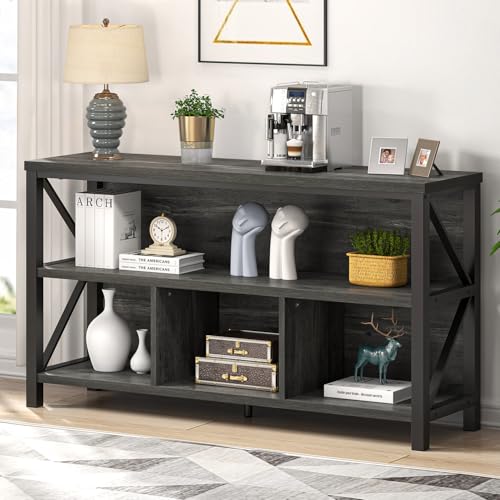 EXCEFUR Modern Horizontal Bookshelf, Industrial Metal & Wood Bookcase for Display, Wide 4 Cube Storage Organizer for Home Office Living Room, Low Book Shelf, 47 Inch, Grey - color: Grey