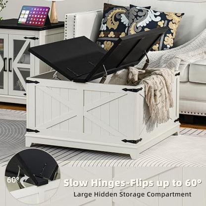 Joaxswe Farmhouse Coffee Table with Hidden Storage Compartment, Antique Black & White Square Large Center Table for Living Room, Wood Rustic Wide Coffee Tables with Hinged Lifting Tabletop for Home - color: White, style: With Legs