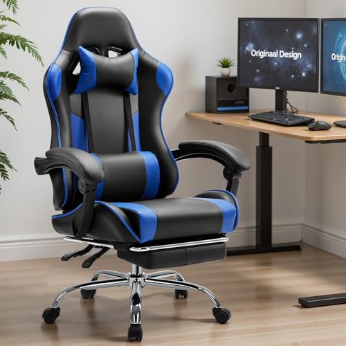 Sweetcrispy Gaming Chair with Footrest, Ergonomic Lumbar Support Desk Chair | High Back Ergonomic, PU Leather, Adjustable Headrest, Linkage Armrest, Height Adjustable, 360 Swivel, Blue - color: Pu Blue