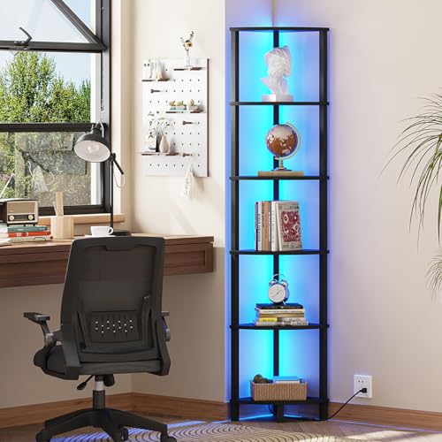 VIMBER 6-Tier Corner Shelf with LED Light, Industrial Corner Ladder Shelf, Rustic Display Shelf for Living Room, Bedroom, Kitchen, Home Office, Sturdy Frame, Black UJSJ002B - color: Black, size: 6-Tier with LED