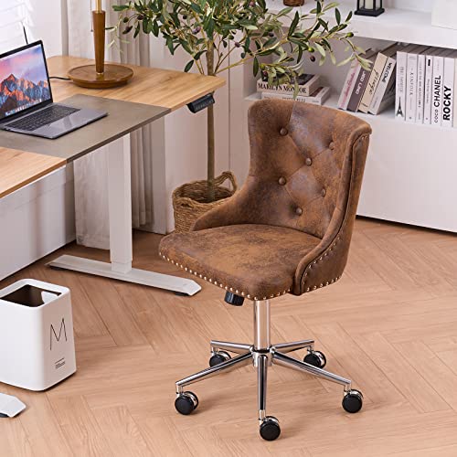 VINGLI Rustic Microfiber Armless Home Office Desk Chair with Silver Base/Wheels, Small Cute Vanity/Makeup Chair with Back for Bedroom, Upholstered Adjustable Rolling Swivel Nail Chair for Women/Girls - color: Rustic-microfiber