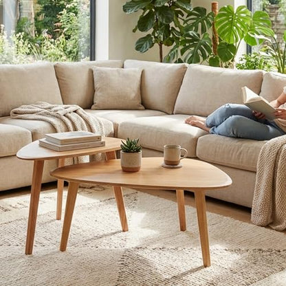 Nesting Coffee Table Set of 2-Mid Century Modern Coffee Table | Guitar Pick Stacking Tables with Solid Wood Legs,Small Coffee Tables for Small spaces,Living Room,Balcony - color: Natural