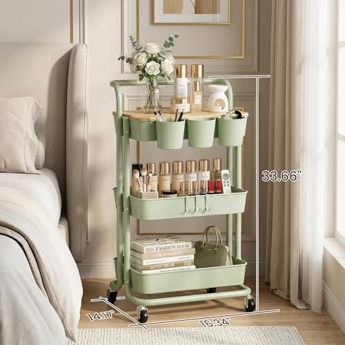 3 Tier Rolling Cart, Multifunctional Storage Cart with Table Top | Lockable Wheels, Heavy Duty Metal Frame Utility Cart for Kitchen, Bathroom, Office, Bedroom (Green) - color: Green