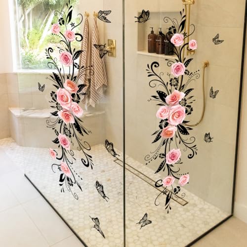 3D Wall Stickers DIY Flower Wall Decal Removable Waterproof Wall Art Decor for Bedroom Living Room Offices Home Decoration (Black Pink Rose) - color: Black Pink Rose