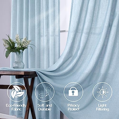 Mrs.Naturall Light Blue Curtains 63 Inch Length, Back Tab Summer Ocean Themed Airy Semi Sheer Linen Window Curtains for Living Room Bedroom Nursery 2 Panel Set, Baby Sky Blue - color: Light Blue, size: 52"W x 63"L (Pack of 2)