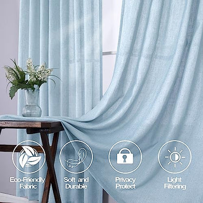 Mrs.Naturall Light Blue Curtains 63 Inch Length, Back Tab Summer Ocean Themed Airy Semi Sheer Linen Window Curtains for Living Room Bedroom Nursery 2 Panel Set, Baby Sky Blue - color: Light Blue, size: 52"W x 63"L (Pack of 2)