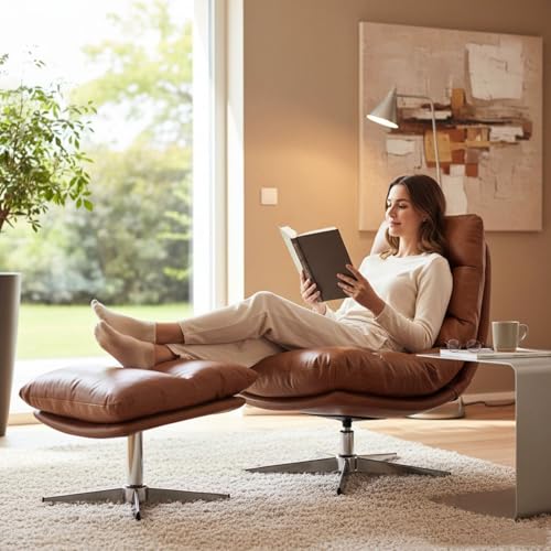 Modern Swivel Accent Chairs with Ottoman Set of 2, PU Leather Oversized Armless Reading Chairs with Footrest, 33'' Wide Upholstered Lounge Chairs with Footstool for Living Room Bedroom Comfy, Brown - size: 2 SET