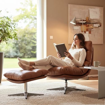 Modern Swivel Accent Chairs with Ottoman Set of 2, PU Leather Oversized Armless Reading Chairs with Footrest, 33'' Wide Upholstered Lounge Chairs with Footstool for Living Room Bedroom Comfy, Brown - size: 2 SET