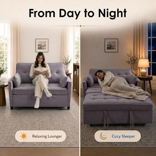 Dreamzie 55'' 3 in 1 Convertible Sofa Bed with USB Charging Ports, Pull Out Couch with Adjustable Backrest and Side Pockets, Sleeper Sofa for Living Room, Apartment, RV, Easy Assembly - Grey - color: Grey