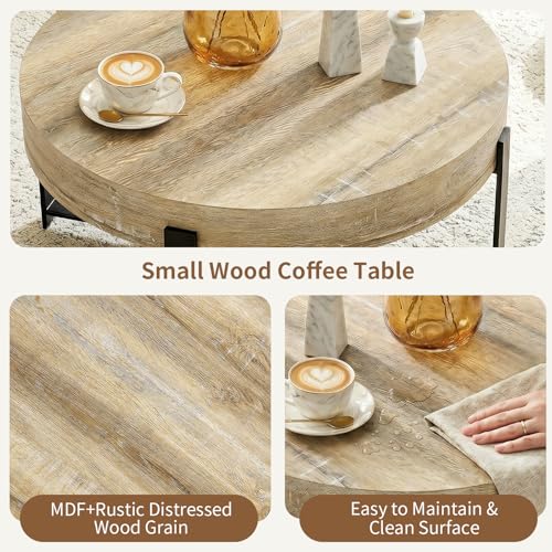 Round Coffee Table, Small Wood Coffee Table with Metal Frame, Modern Rustic Distressed Wood Grain Circle Tables Accent Center Tables for Living Room Apartment Small Space (31.5''D-Retro Natural) - color: X Retro Natural
