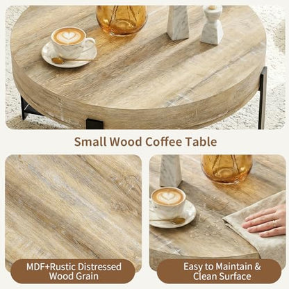 Round Coffee Table, Small Wood Coffee Table with Metal Frame, Modern Rustic Distressed Wood Grain Circle Tables Accent Center Tables for Living Room Apartment Small Space (31.5''D-Retro Natural) - color: X Retro Natural