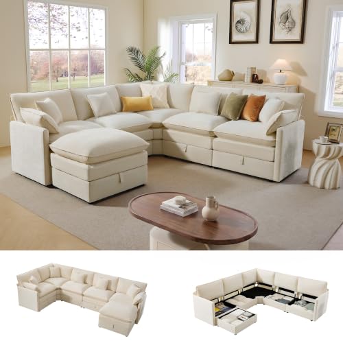 Ihanherry Oversized Modular Sectional Sofa with Storag, 6-Seater V Shaped Cloud Couch with Movable Ottomans, Chenille Deep Seat Corner Couches for Living Room (Beige) - color: Beige, size: 103" V Shape