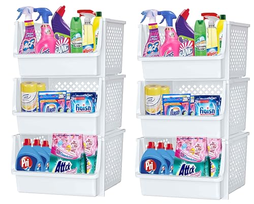 XLarge Stackable Storage Bins Open Front for Pantry Storage, 6 Pack - White | Sturdy Plastic, Easy Stacking, Open Front Access, Ventilated Sides, Vertical & Space Saving Pantry Organizers and Storage Bin - color: White, size: 6 Pack - XLarge