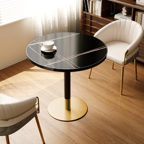 31.5'' Tulip Table, Round Dining Table with Sintered Stone Tabletop | Black Aluminum Alloy Edge & Gold Pedestal, Bistro Table for Dining Room/Café/Small Spaces/Restaurant (Black Gold Vein) - color: Black Gold Vein (Black Edge), size: Round