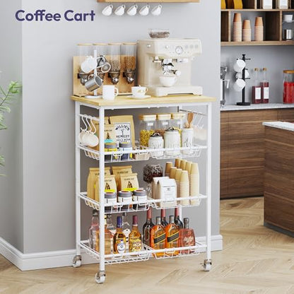 SWTYMIKI 24.4''x15.7'' Rolling Microwave Cart - 4 Tier Microwave Table Stand with 6 Storage Baskets, Coffee Bar with Wheels, Kitchen Utility Cart Shelf Rack Organizer for Vegetables, Potato, White - color: White