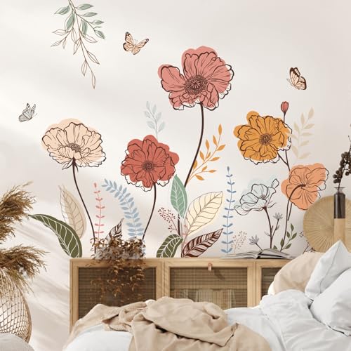 wondever Boho Flower Wall Stickers Wildflower Floral Grass Peel and Stick Wall Art Decals for Living Room Bedroom TV Wall | Peel and Stick, Removable, Wall Art Decals, Wall Decoration, Living Room Bedroom, Office Sofa TV Home Wall Decor