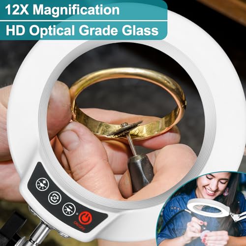 12X Magnifying Glass with Light and Stand, 2-in-1 Desk Lamp & Clamp Light, 5 Color Modes, Brightness Stepless Dimmable LED Lighted Magnifier Hands Free, Magnifier Lamp for Crafts - White - color: White, size: 12X 17.8inch Base & Clamp