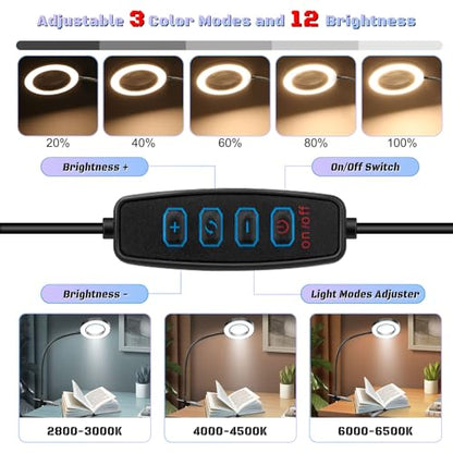 10X Magnifying Glass with Light Clip on Mganifier with 48 LED Lights | Desk Magnifying Glass wtih Clamp, 3 Modes Dimmable Magnifying LED Lamps for Bed Work Crafts DIY