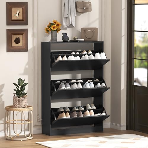 Narrow Shoe Cabinet for Entryway, Slim Shoe Storage Cabinet with 3 Flip Drawers, Hidden Wood Shoe Cabinet Storage, Freestanding Shoe Rack Organizer Foyer, Hallway, Black - color: Black, style: Hidden 3 Drawers