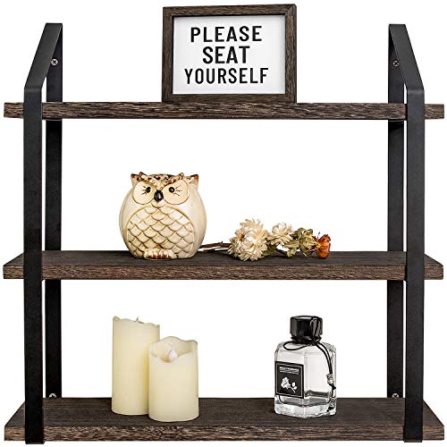 Mkono Floating Wall Shelves 3 Tier 17 Inch Rustic Hanging Shelf with Metal Bracket Wall Mount Wood Storage Display Shelves for Living Room Bathroom Bedroom Kitchen Office,Medium | Bathroom Storage, Clutter-Free, Easy Install, Rustic Decor, Over Toilet Org
