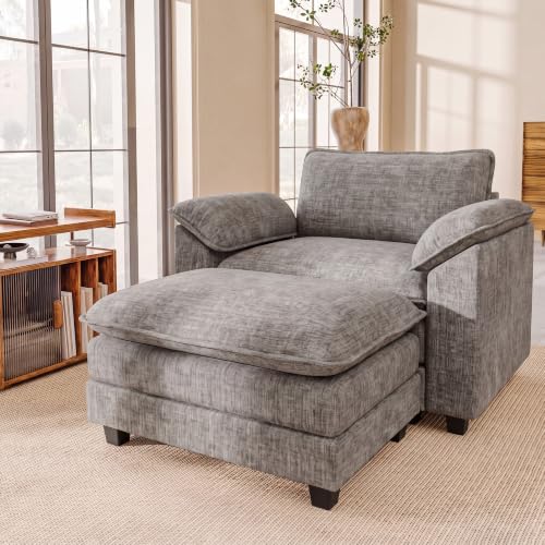JUMMICO 40" Chaise Lounge Chair with Ottoman, Single Sofa Chair, Light Grey | Comfy Chenille, Double Layer Cushion, Wide Armrest, Deep Seat, High-Density Foam, Reading Chair for Living Room - color: Light Grey, size: Single Sofa Chair