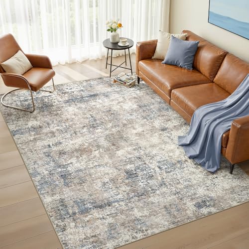 Nakagishi 6X9 Abstract Washable Area Rugs for Living Room-Blue Brown | Modern Non-Slip Silicone Backing Low Pile Soft Carpet for Bedroom Dining Decor Ideal for Families with Kids and Pets - color: Blue Brown-01, size: 6' x 9' (Rectangular)