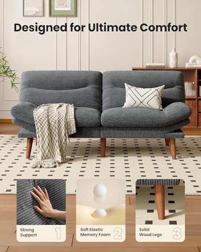 Amada 66 inch 3-in-1 Convertible Futon Sofa Bed, Gray | Adjustable backrest and armrests, strong wood legs and frame, loveseat for compact apartments and offices - color: Grey, size: 66 Inch