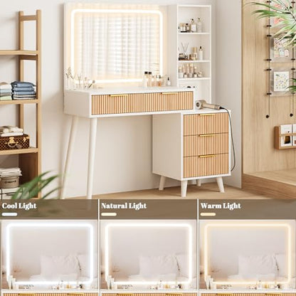 44" Vanity Desk with Mirror and Lights, Makeup Vanity Desk with Power Outlet, Makeup Desk with 5 Drawers&Storage Shelves, Vanity Table 3 Color Adjustable Brightness Dressing Table Set for Bedroom
