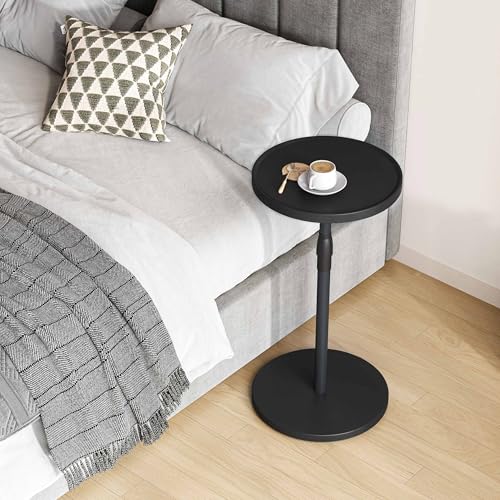Adjustable Round Side Table, Pedestal Drink Table for Small Spaces | Small End Table, Tall Round Nightstand for Living Room Bedroom Black Wood Grain ET-010BW - color: Black Wood Grain