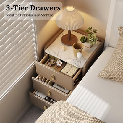 AQIMUELE Narrow Nightstand with Drawers, Narrow Side Table Leather, Small Bedside Tables for Bedroom. (Beige) - color: Beige, size: 15.7''W x 15"D x 22.8"H